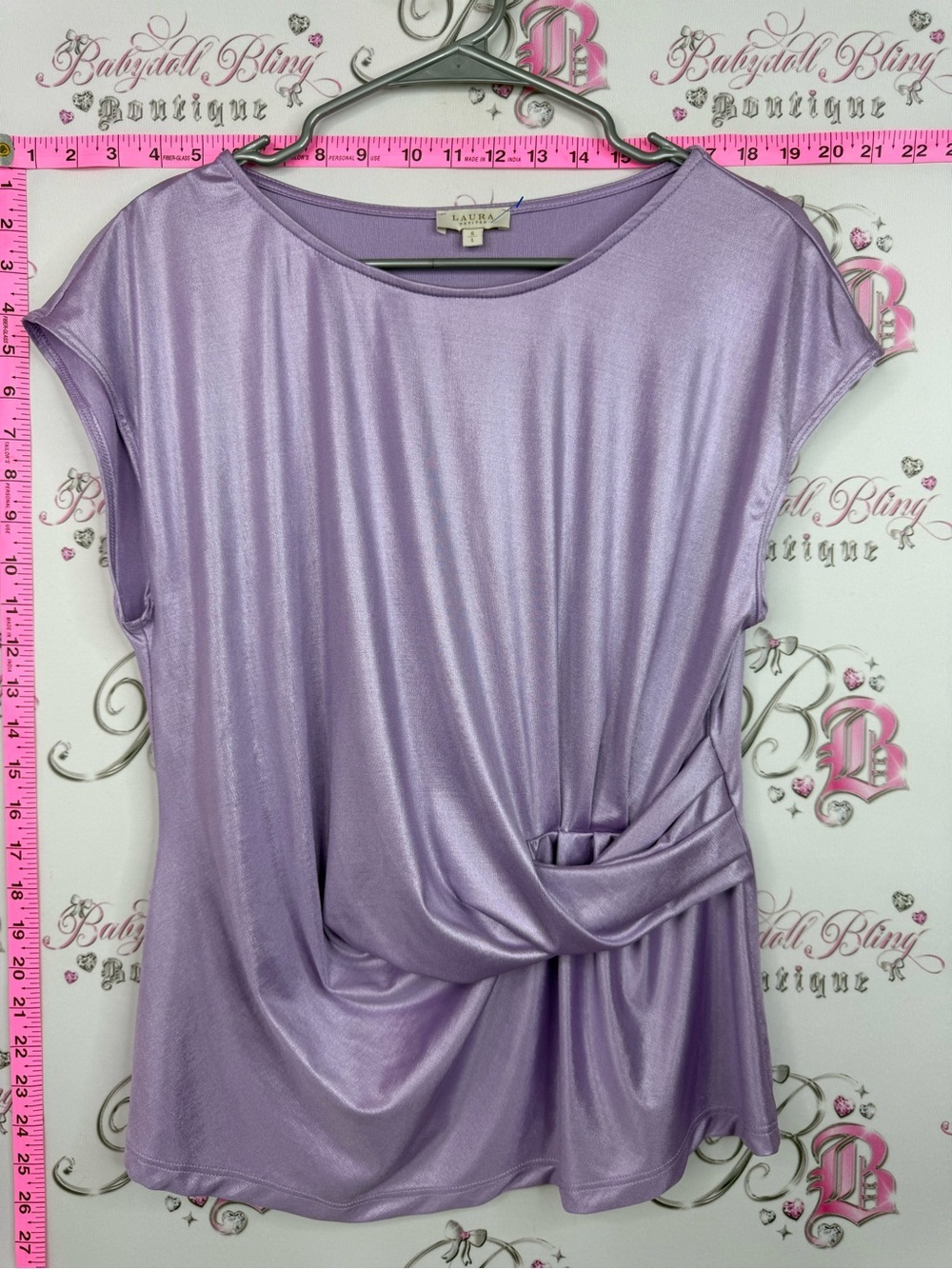 LAURA tshirt shiny blouse Shimmer Lilac Knot-Front Tee